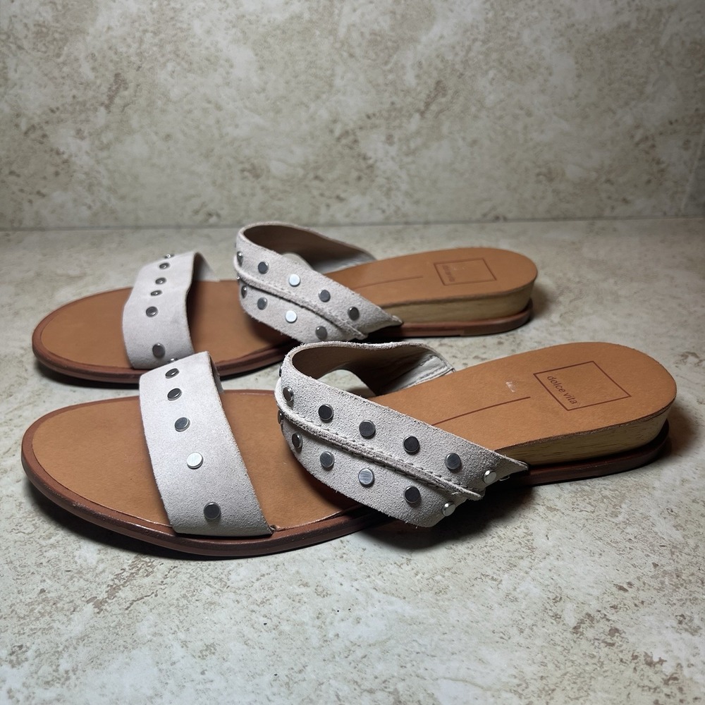 Dolce Vita Pacey Womens Slide Sandals Beige Studded Leather Size 10 EUC 2 Straps - Picture 3 of 8